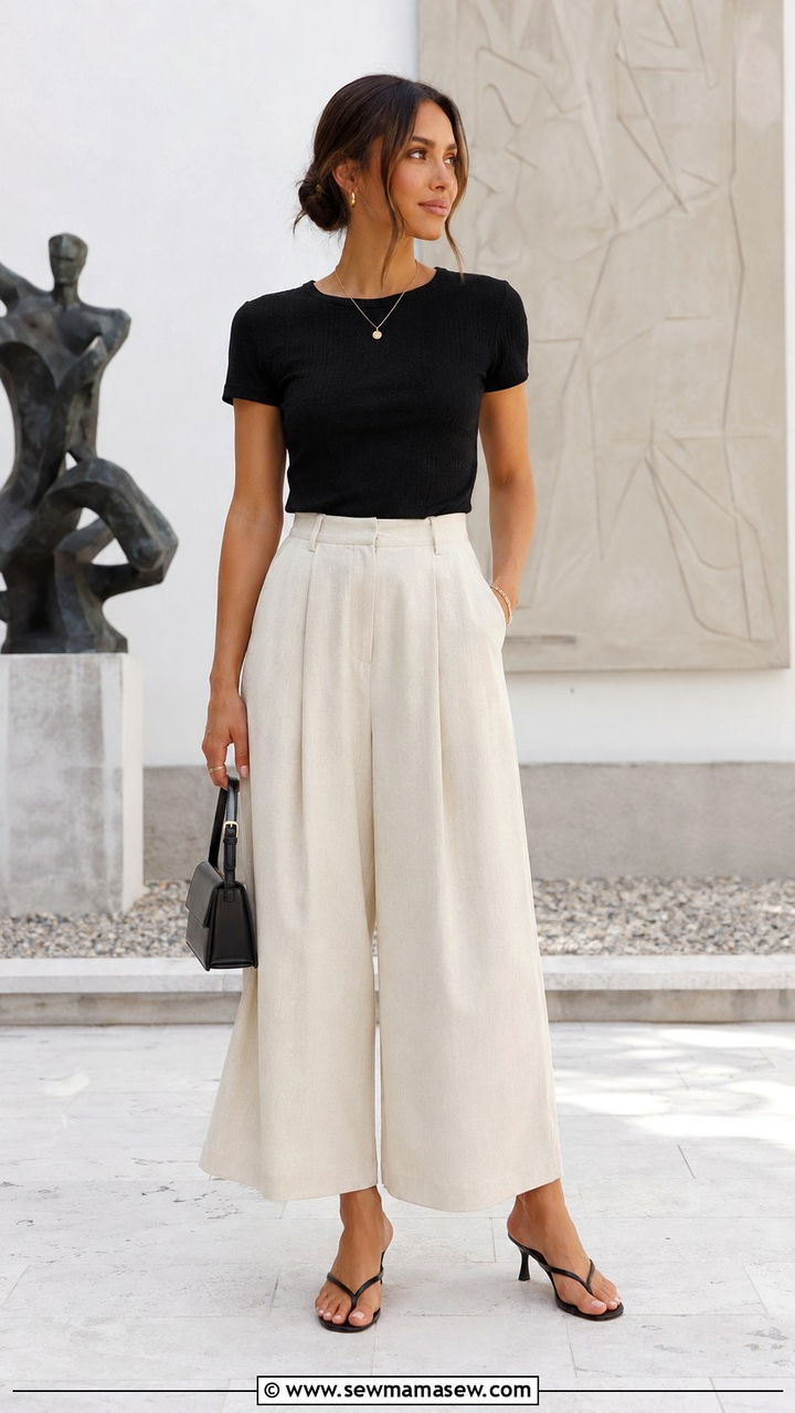 Wide Leg Culottes and Fitted T Shirt Outfit - 20 Summer outfits for 70 degree weather