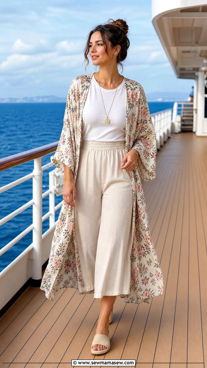 Wide Leg Culottes with Long Kimono - 30 modest cruise outfit ideas