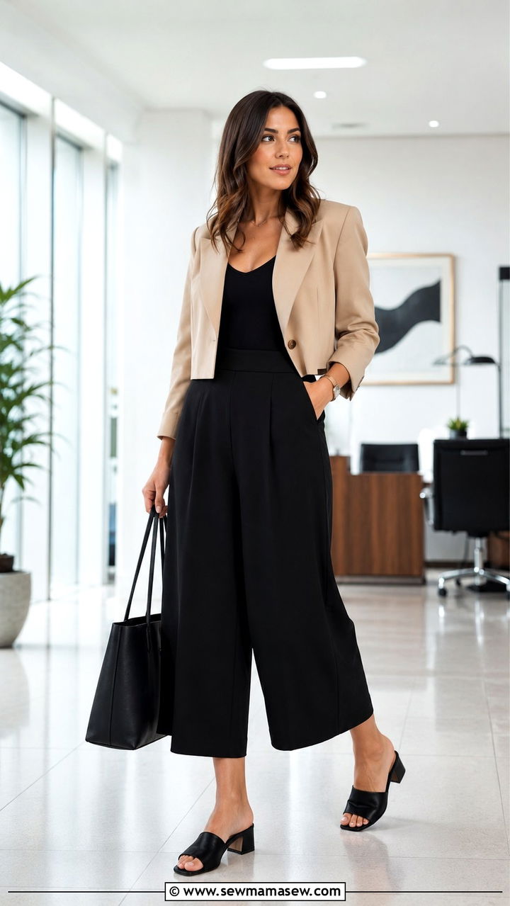 Wide Leg Culottes with a Fitted Bodysuit and Cropped Blazer - 20 work outfits for women with tummy