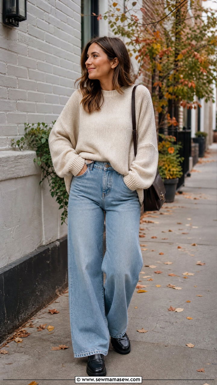 Wide Leg Denim Jeans With Oversized Sweater - 30 Modest outfit ideas with wide leg pants