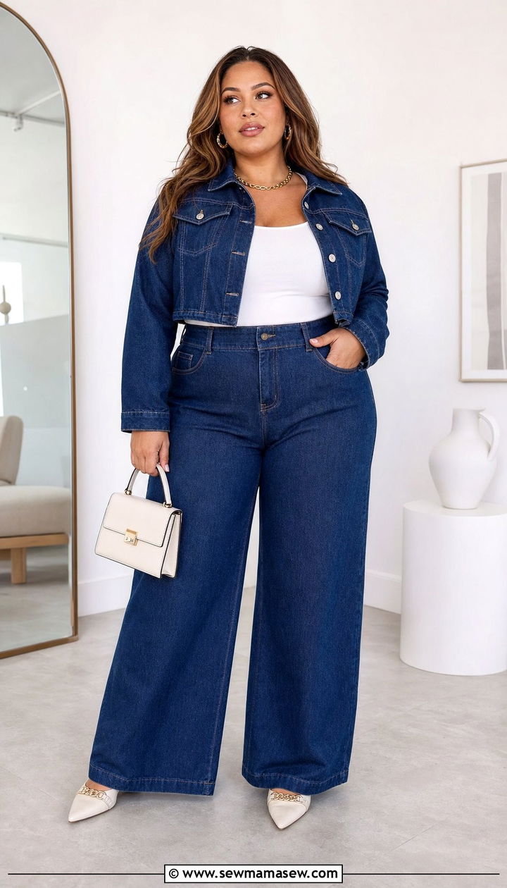 Wide Leg Denim Matching Set - 25 Double denim outfit ideas plus size