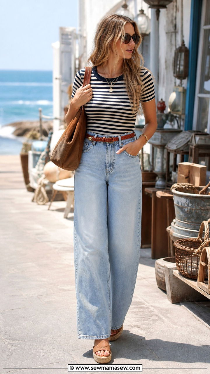 Wide Leg Denim With Stripe Tee And Wedge Sandals - 40 Coastal summer outfits