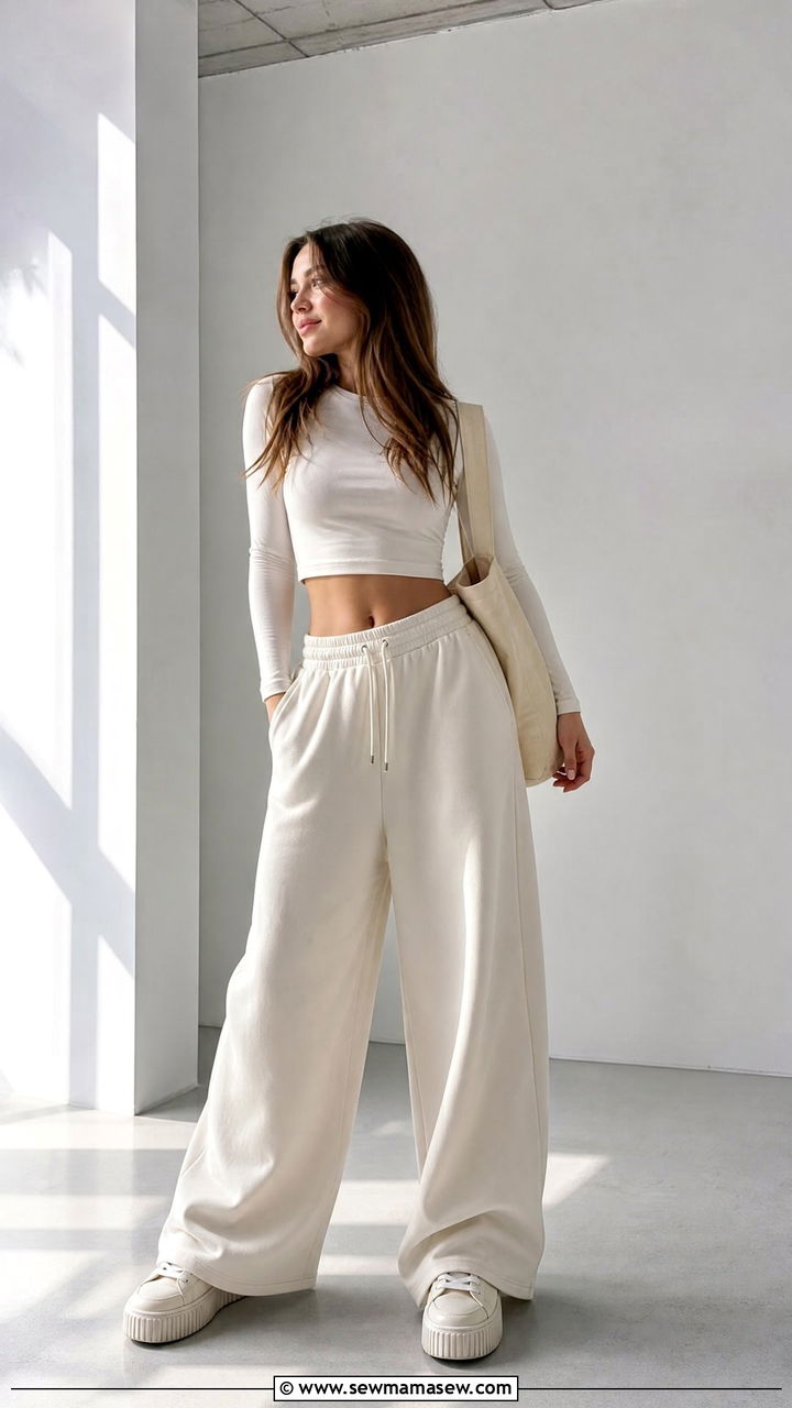 Wide Leg Fleece Sweatpants and Cropped Long Sleeve Top With Platform Sneakers - 25 Gym outfit ideas school