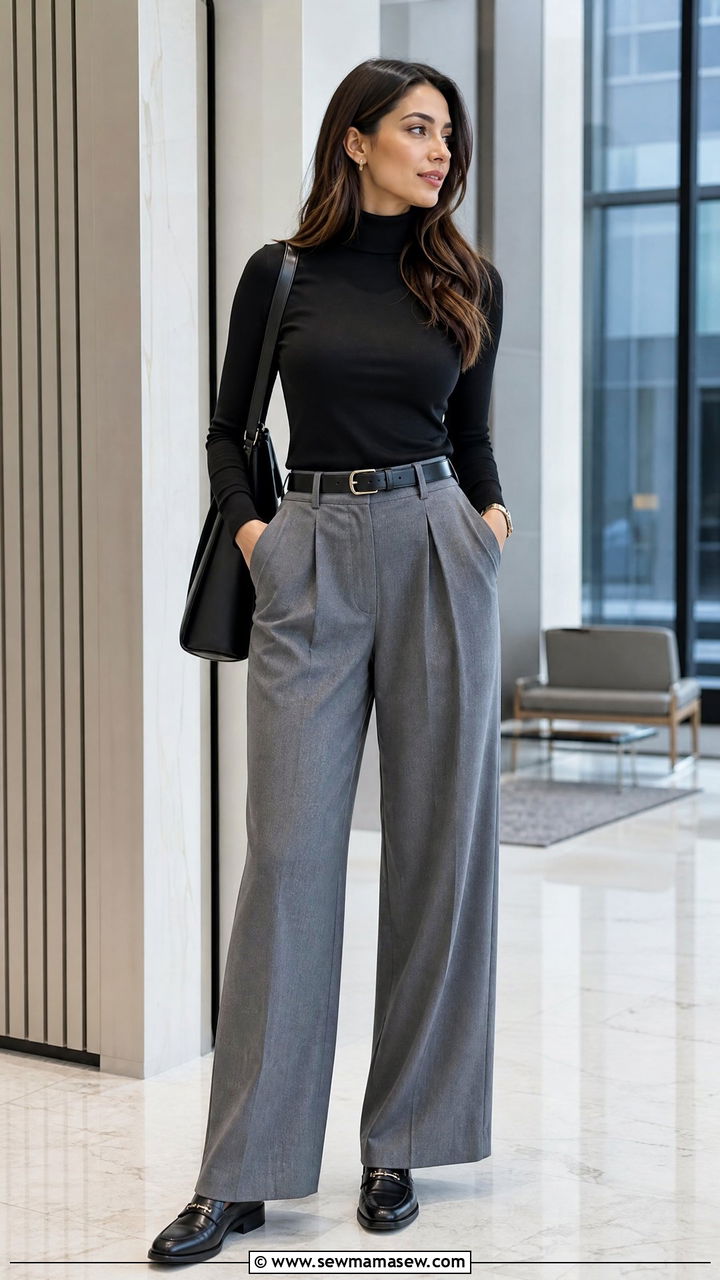 Wide Leg Gray Trousers With Black Turtleneck - 25 Investment banker outfit ideas