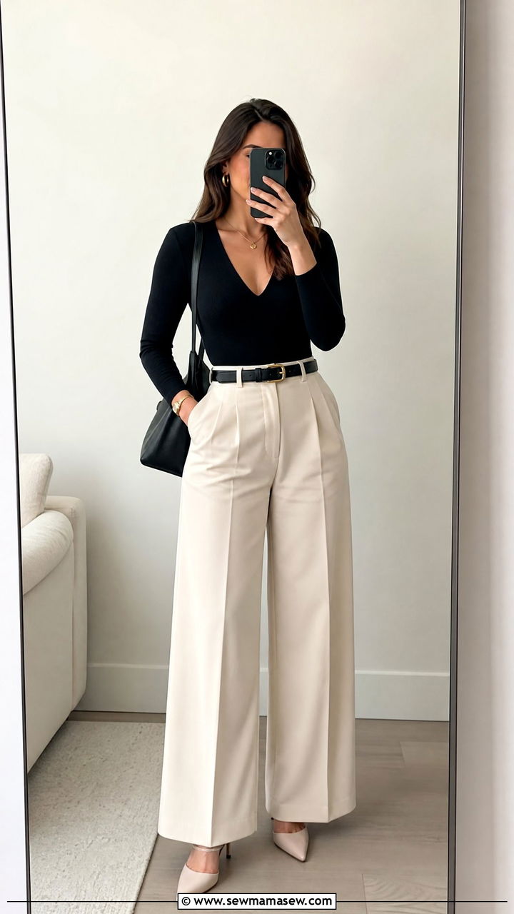 Wide Leg High Waist Trousers With V Neck Bodysuit - 25 Outfits for wide shoulders
