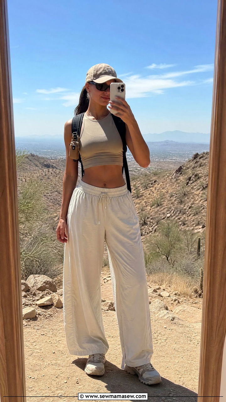 Wide Leg Hiking Pants and Fitted Crop Top - 30 hiking outfit ideas for women