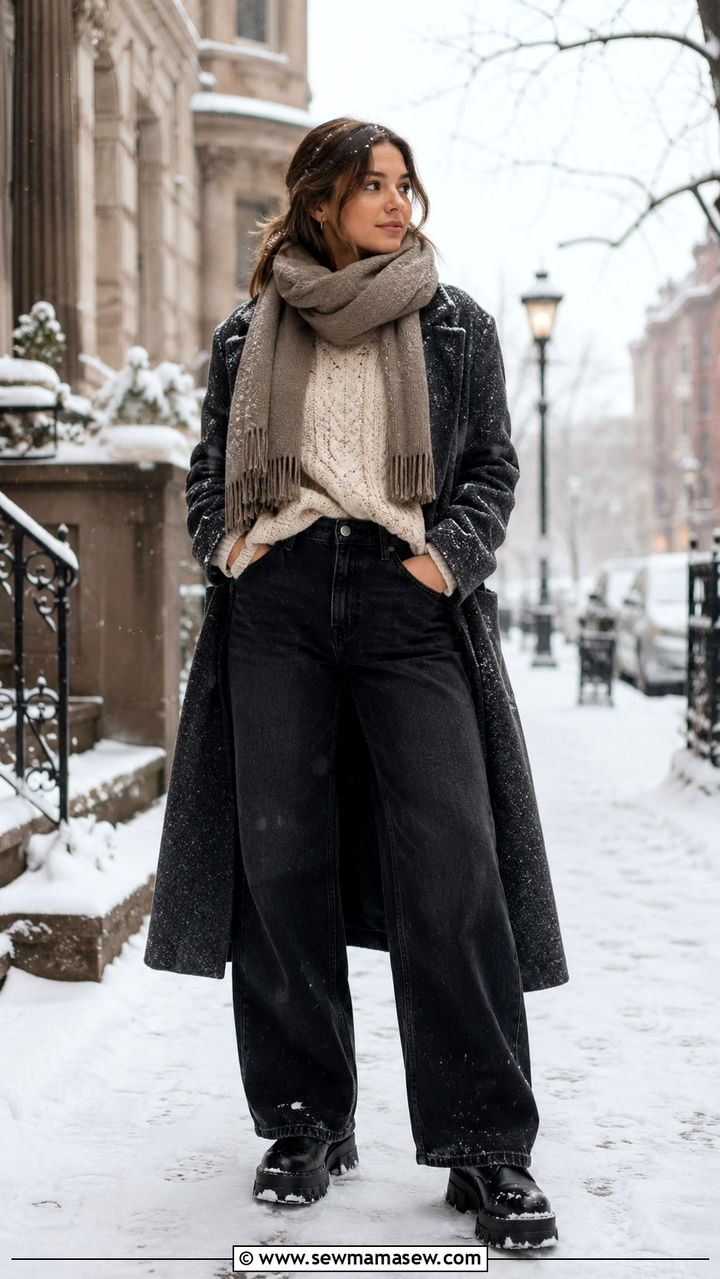 Wide Leg Jeans And Chunky Sweater Winter Outfit - 30 how to style wide leg jeans outfits