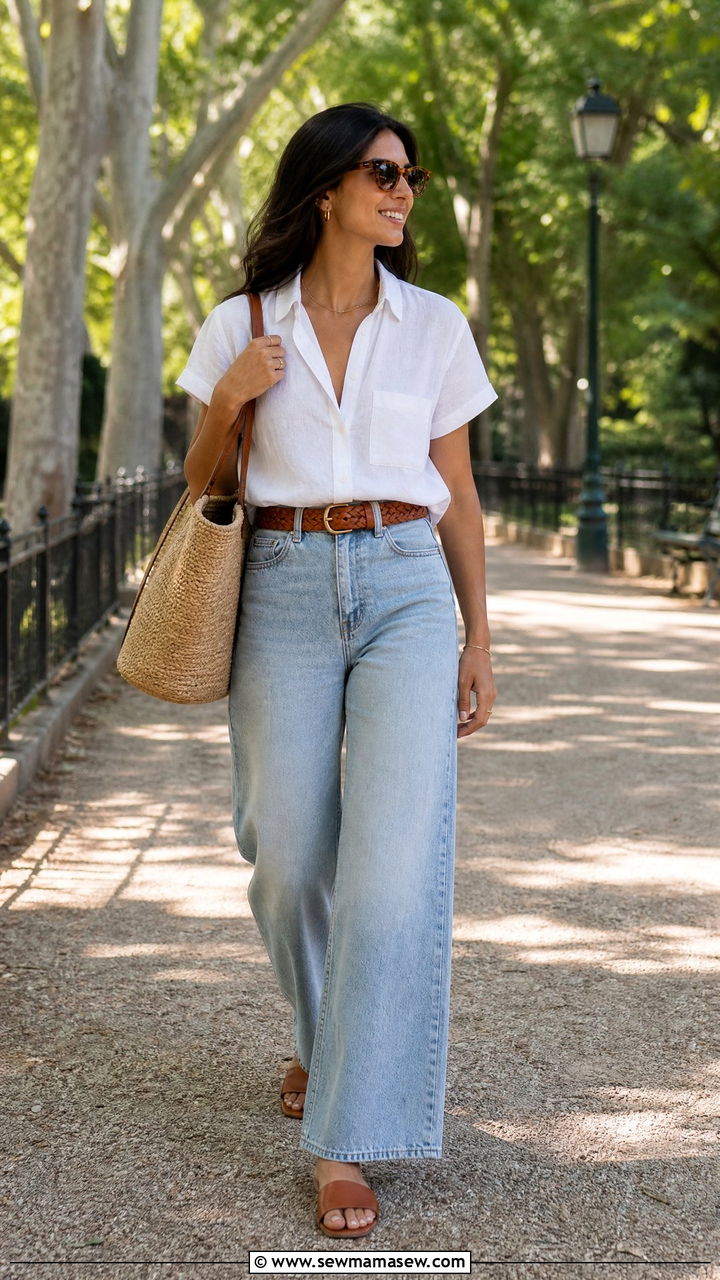 Wide Leg Jeans And Flat Leather Sandals Summer Outfit - 25 How to style wide leg jeans in summer