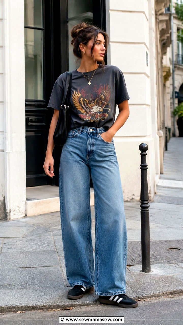 Wide Leg Jeans And Graphic Tee With Adidas Samba - 20 How to style Adidas Samba