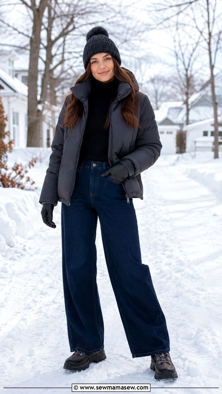 Wide Leg Jeans And Puffer Coat Cold Weather Outfit - 30 how to style wide leg jeans outfits