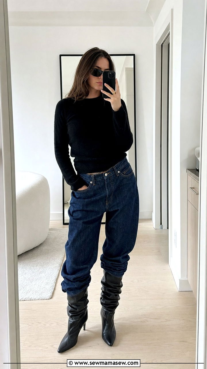 Wide Leg Jeans Tucked Into Slouchy Boots - 25 cute Copenhagen outfits