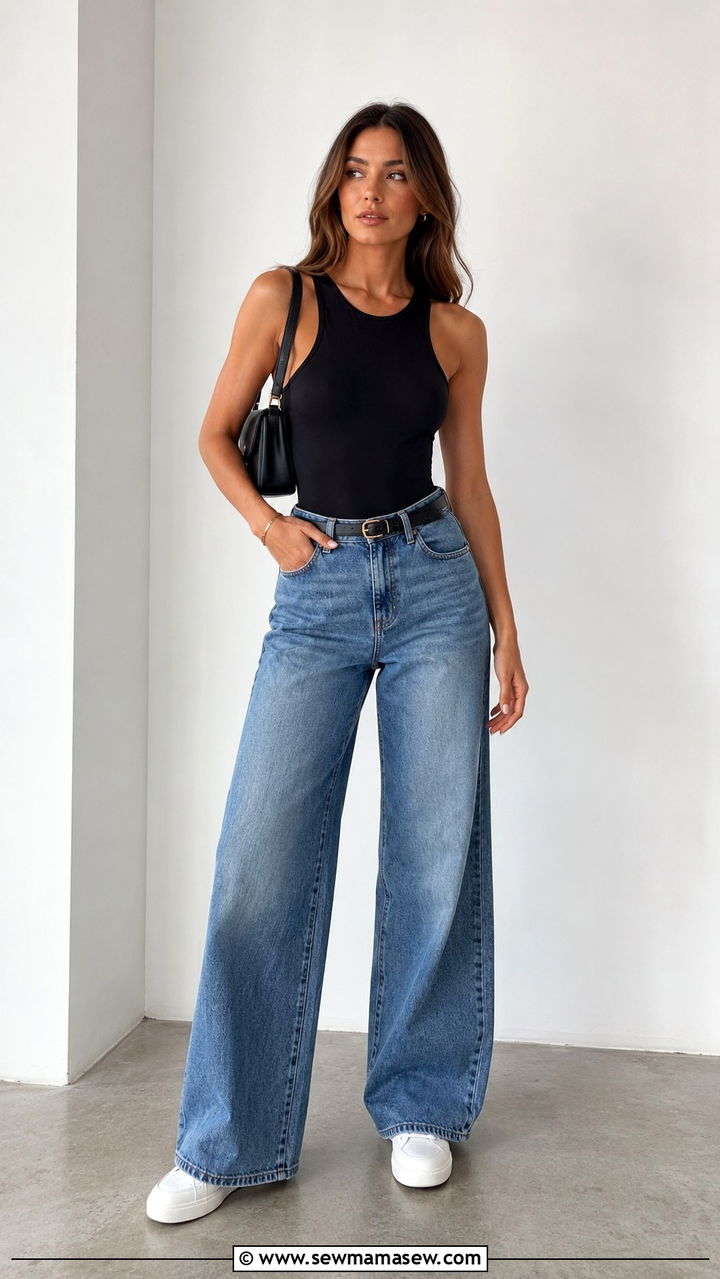 Wide Leg Jeans White Sneakers With Bodysuit - 25 Wide leg jeans outfit ideas with white sneakers