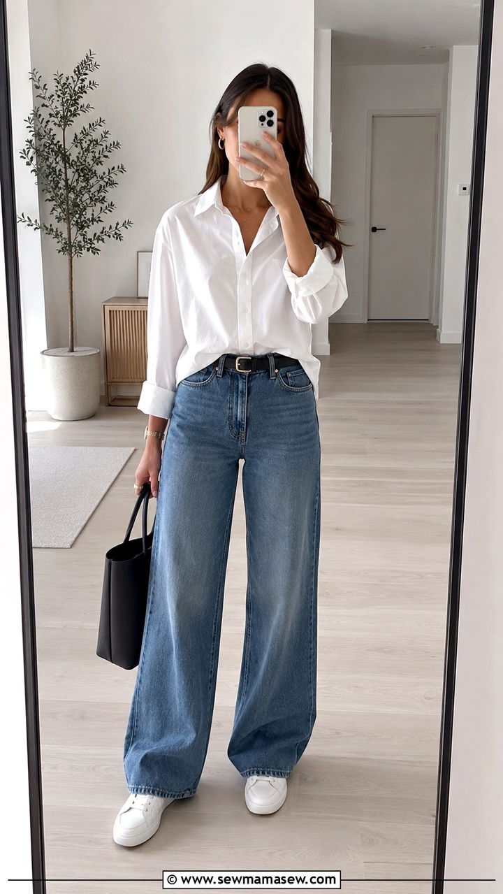 Wide Leg Jeans White Sneakers With Button Down Shirt - 25 Wide leg jeans outfit ideas with white sneakers