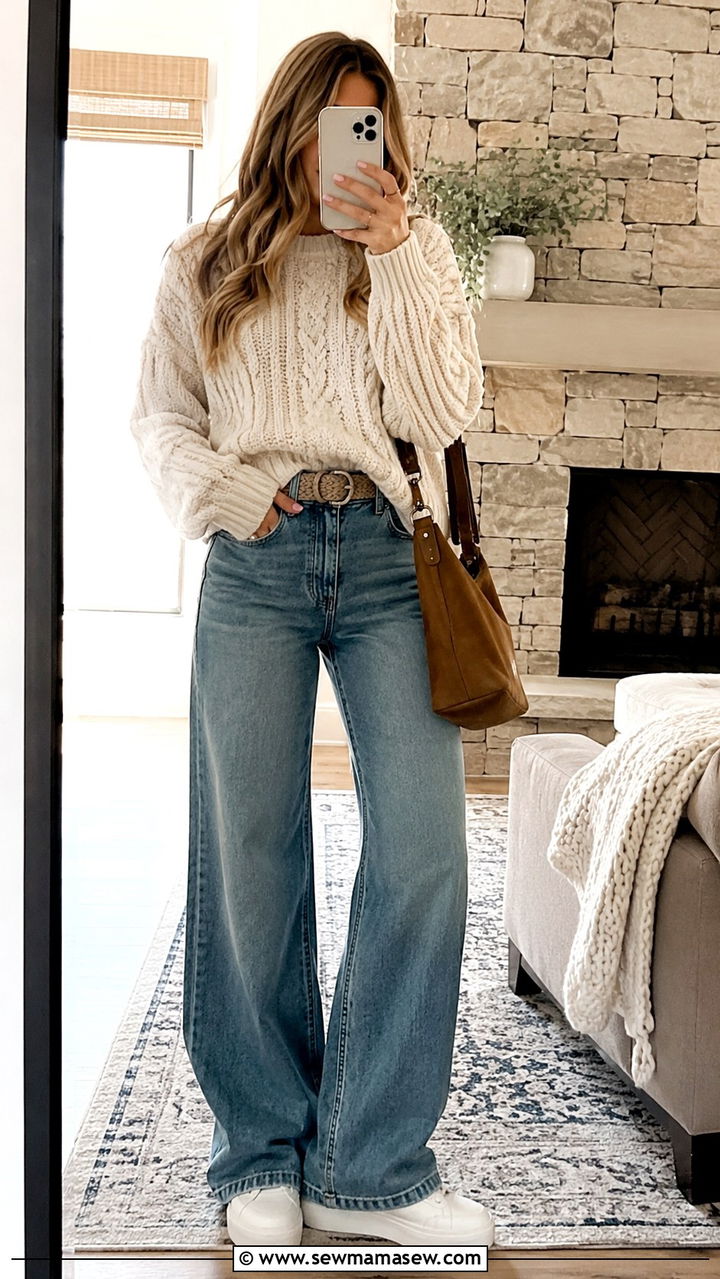 Wide Leg Jeans White Sneakers With Chunky Knit Sweater - 25 Wide leg jeans outfit ideas with white sneakers