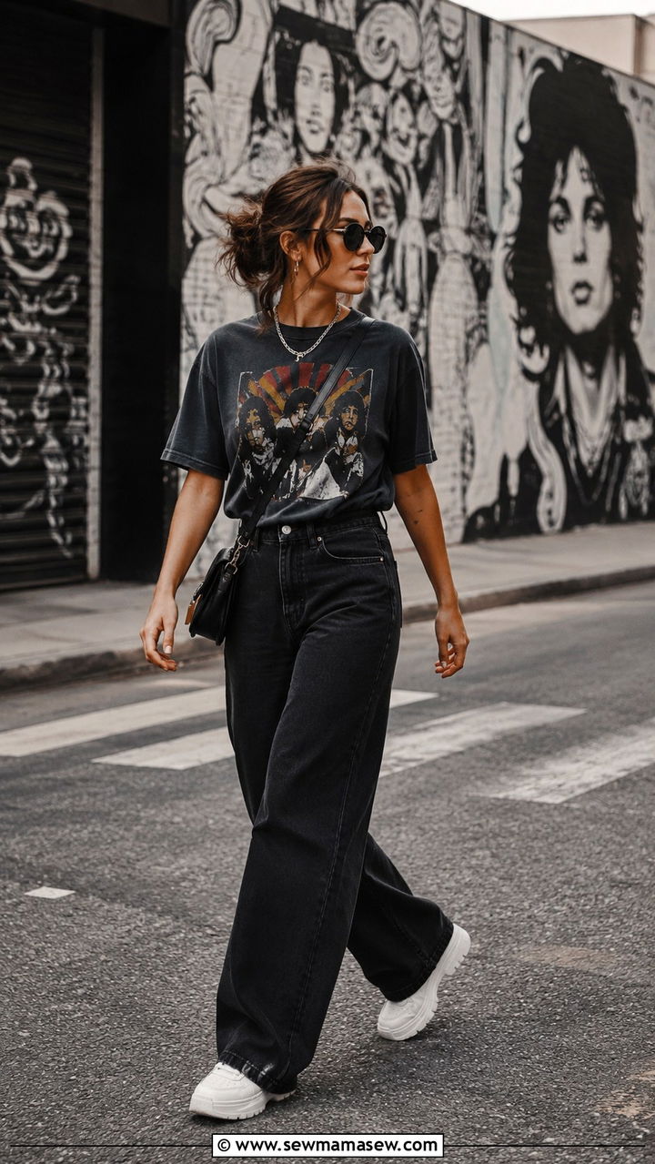 Wide Leg Jeans White Sneakers With Graphic Tee - 25 Wide leg jeans outfit ideas with white sneakers