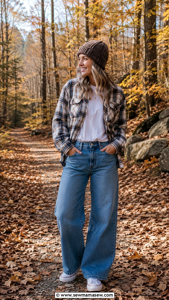Wide Leg Jeans White Sneakers With Plaid Shirt - 25 Wide leg jeans outfit ideas with white sneakers