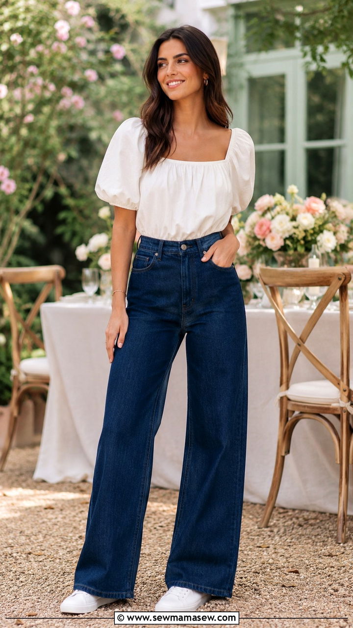Wide Leg Jeans White Sneakers With Puff Sleeve Top - 25 Wide leg jeans outfit ideas with white sneakers