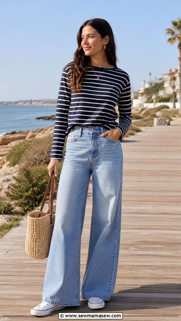 Wide Leg Jeans White Sneakers With Striped Top - 25 Wide leg jeans outfit ideas with white sneakers
