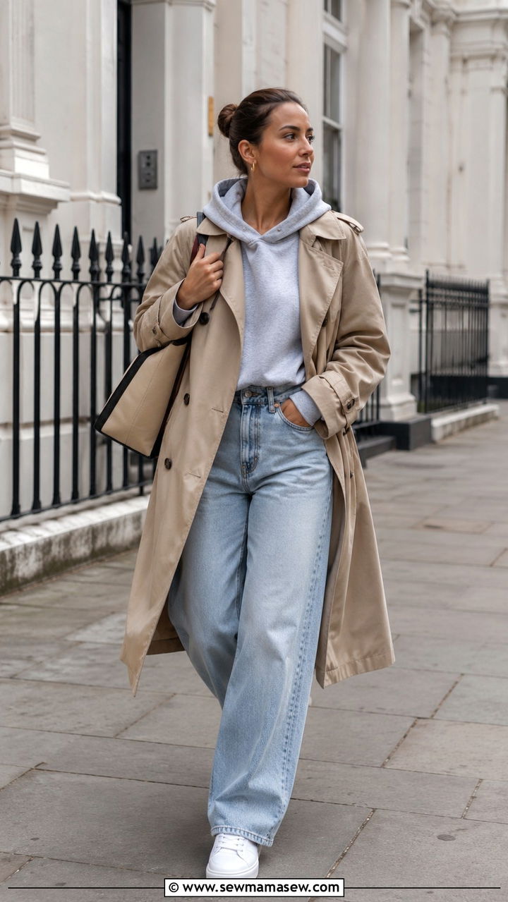 Wide Leg Jeans White Sneakers With Trench Coat - 25 Wide leg jeans outfit ideas with white sneakers