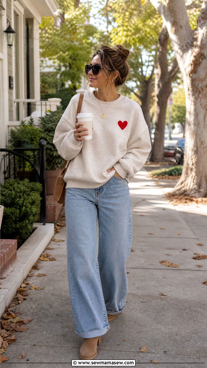Wide Leg Jeans With A Cozy Sweatshirt - 25 cute fashion inspo outfits