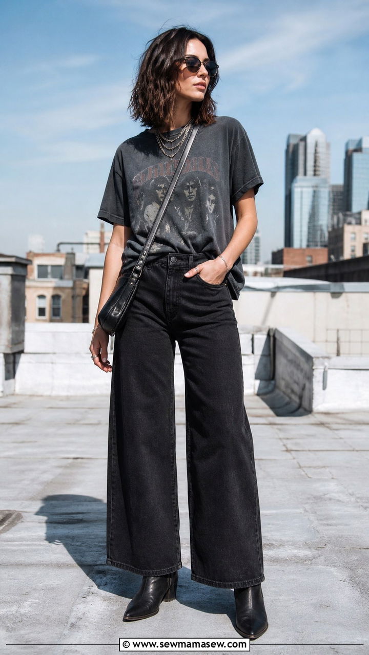 Wide Leg Jeans With Band Tee - 40 wide leg jeans outfits