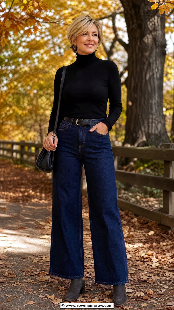 Wide Leg Jeans With Black Turtleneck and Ankle Boots - 20 How to style wide leg jeans over 60