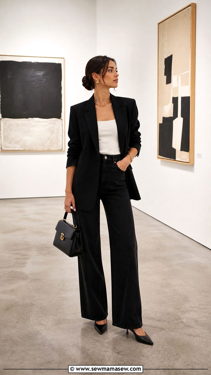 Wide Leg Jeans With Blazer Dress Coat And Slingbacks - 40 wide leg jeans outfit ideas