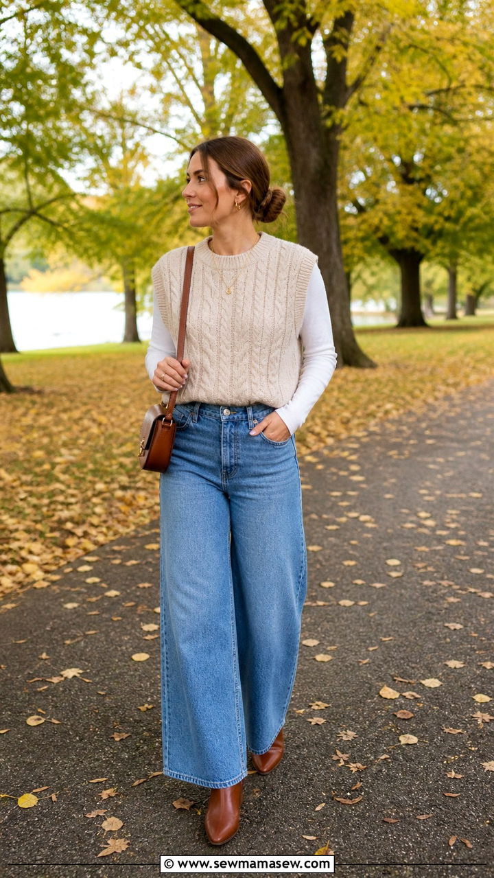 Wide Leg Jeans With Cable Knit Vest - 40 wide leg jeans outfits