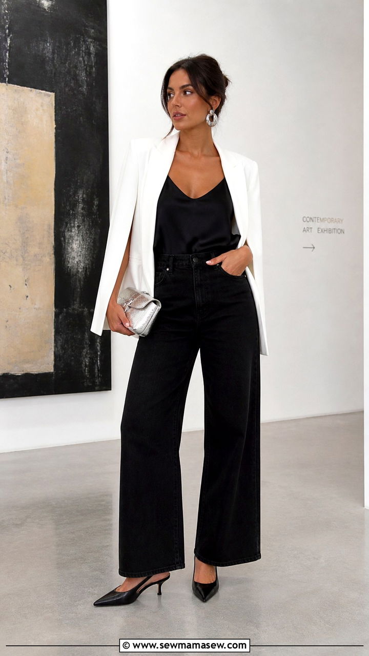Wide Leg Jeans With Cape Blazer And Slingback Heels - 40 wide leg jeans outfit ideas