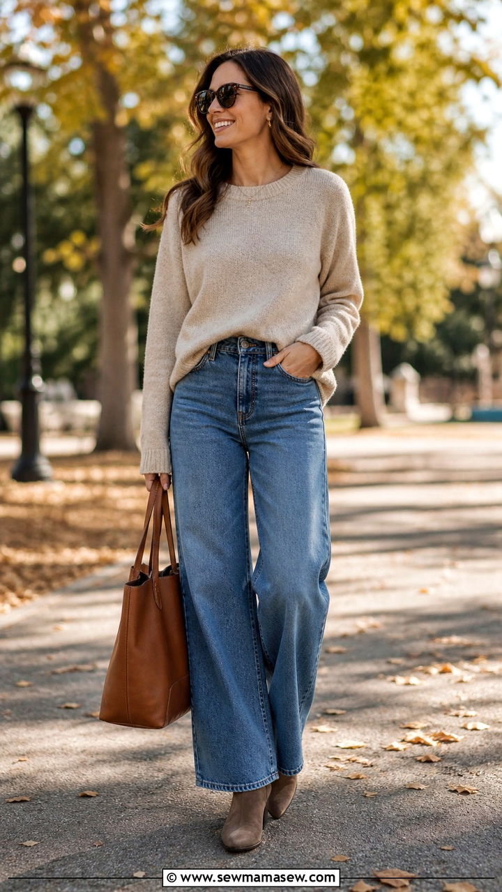 Wide Leg Jeans With Cashmere Crewneck Sweater - 40 wide leg jeans outfits