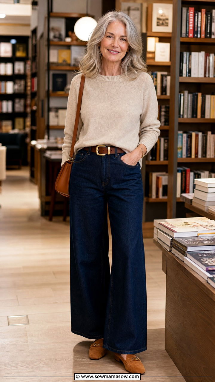 Wide Leg Jeans With Cashmere Sweater and Loafers - 20 How to style wide leg jeans over 60
