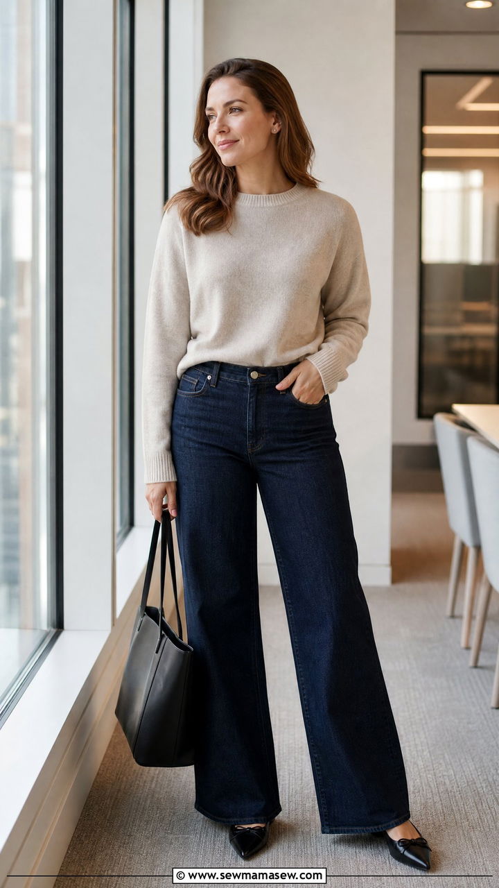 Wide Leg Jeans With Cashmere Sweater and Pointed Flats for Work - 25 How to style wide leg jeans for work