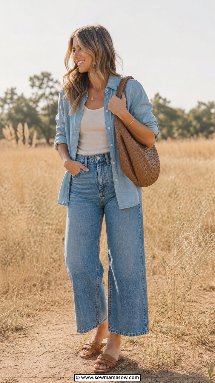 Wide Leg Jeans With Chambray Shirt Travel Outfit - 25 How to style wide leg jeans for travel