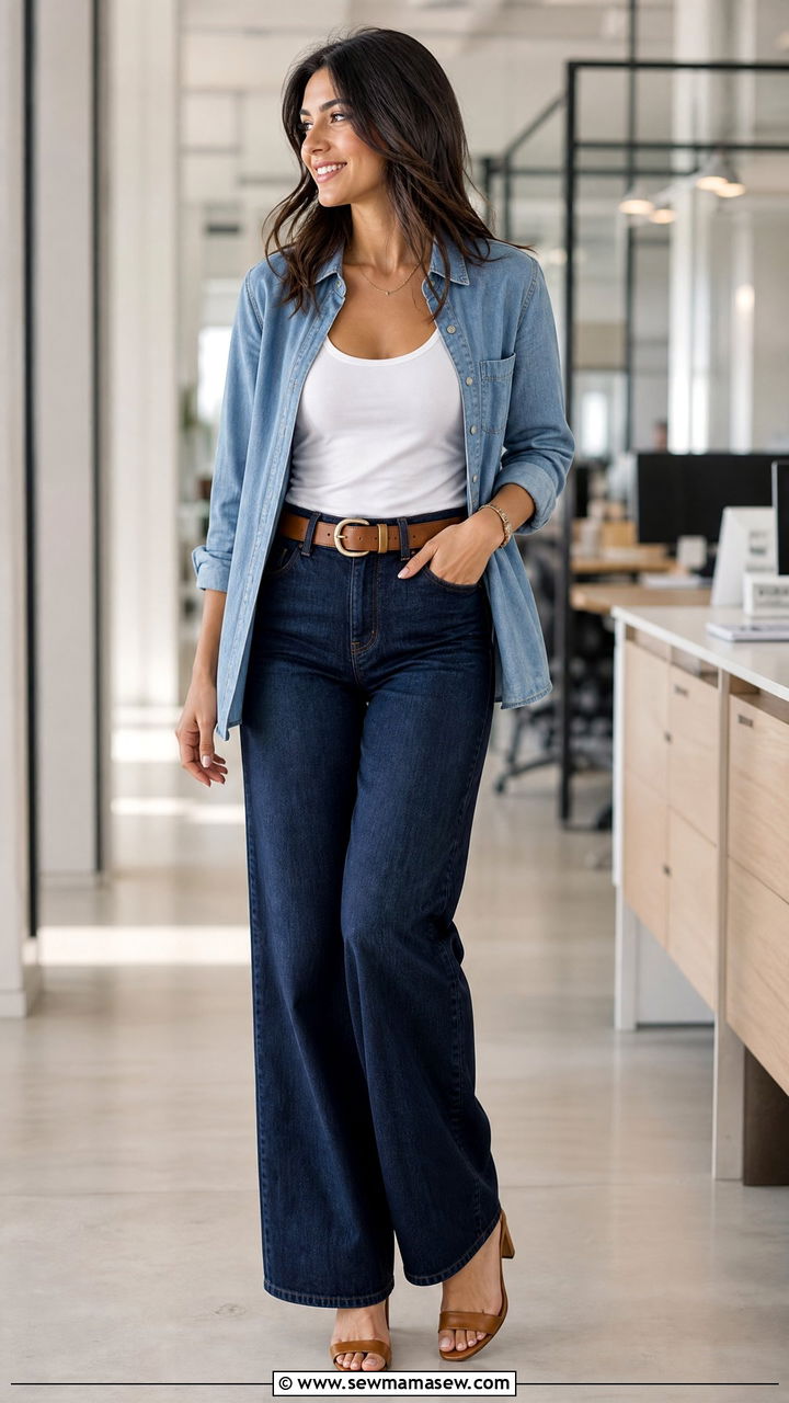 Wide Leg Jeans With Chambray Shirt and Leather Belt Office Outfit - 25 How to style wide leg jeans for work