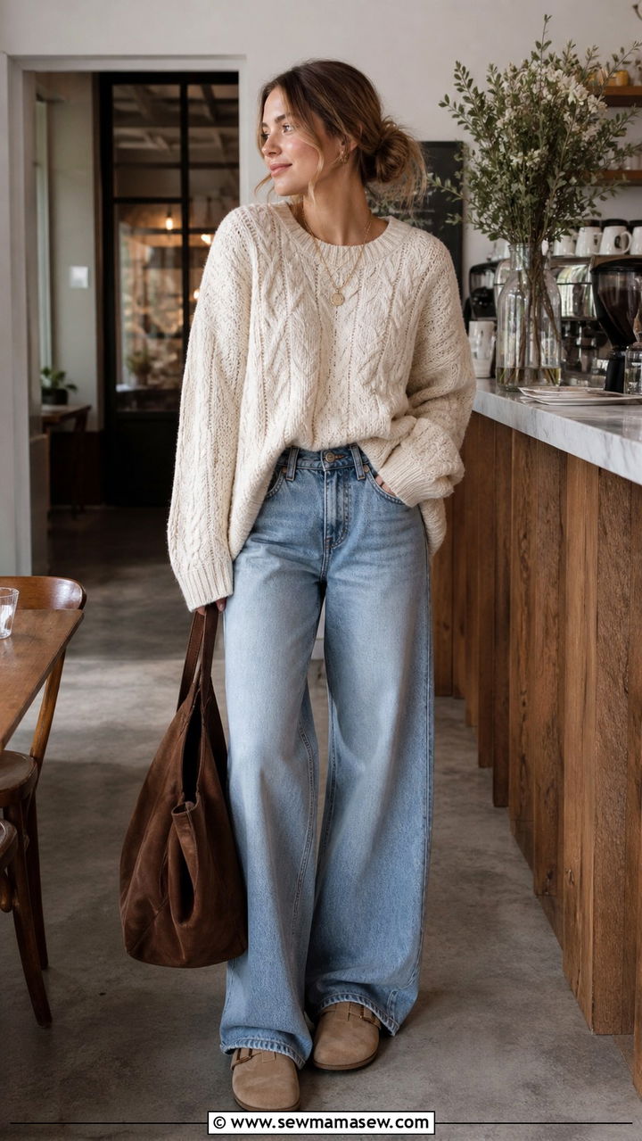 Wide Leg Jeans With Chunky Cable Knit Sweater - 40 wide leg jeans outfits