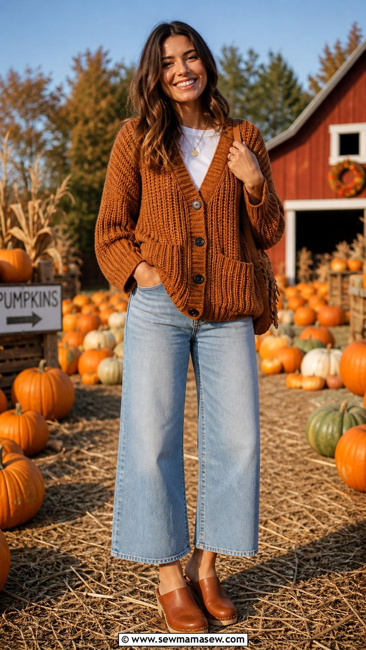 Wide Leg Jeans With Chunky Cardigan And Clogs - 40 wide leg jeans outfit ideas