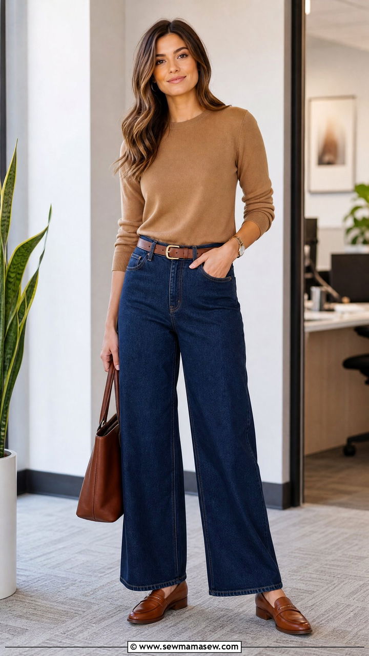 Wide Leg Jeans With Crewneck Sweater and Leather Loafers Work Look - 25 How to style wide leg jeans for work