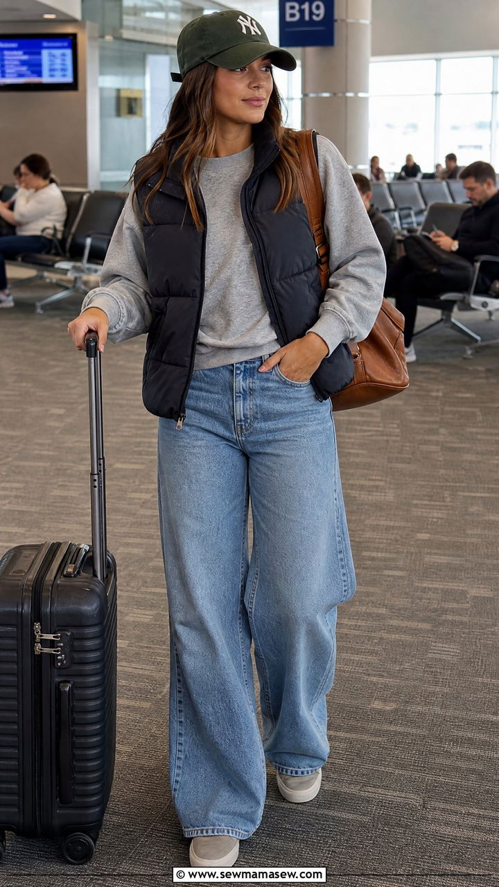 Wide Leg Jeans With Crewneck Sweatshirt Travel Outfit - 25 How to style wide leg jeans for travel
