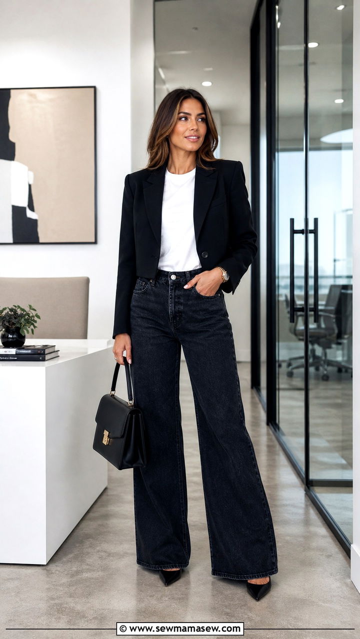 Wide Leg Jeans With Cropped Blazer And Pointy Pumps - 40 wide leg jeans outfit ideas