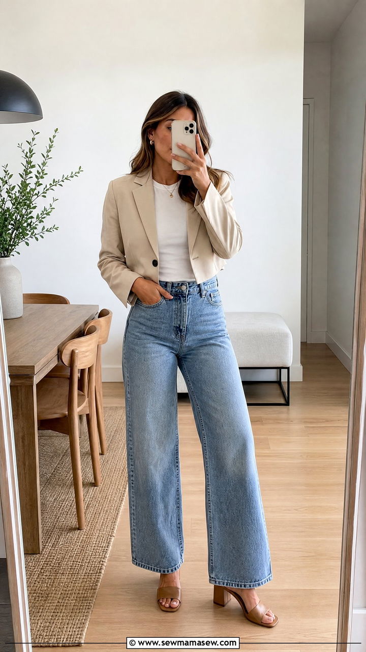 Wide Leg Jeans With Cropped Blazer and Heeled Mules Office Outfit - 25 How to style wide leg jeans for work
