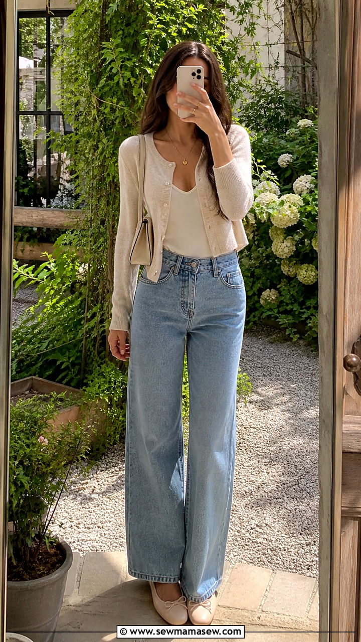 Wide Leg Jeans With Cropped Cardigan - 40 wide leg jeans outfits