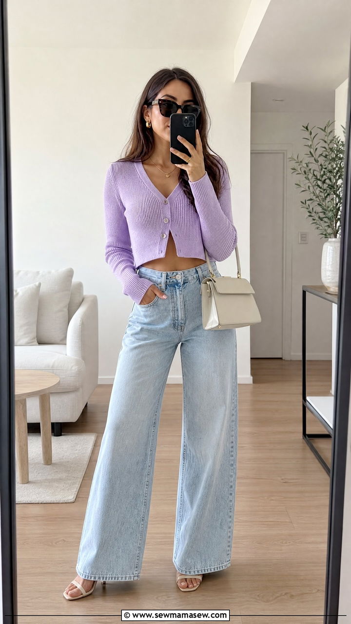Wide Leg Jeans With Cropped Pastel Cardigan - 30 summer trendy outfit ideas
