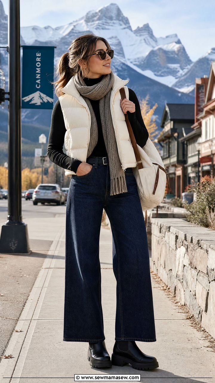 Wide Leg Jeans With Cropped Puffer Vest Travel Outfit - 25 How to style wide leg jeans for travel