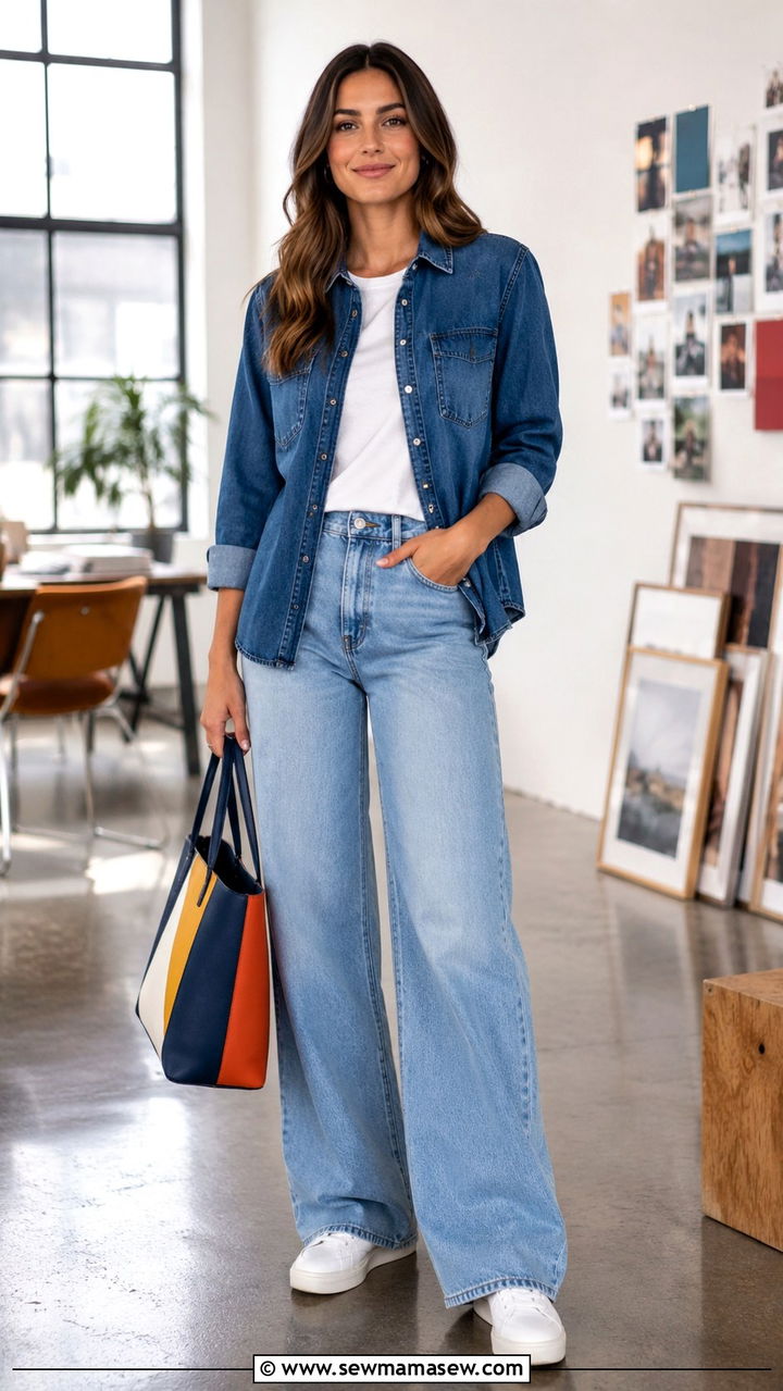 Wide Leg Jeans With Denim Top - 30 casual job interview outfits