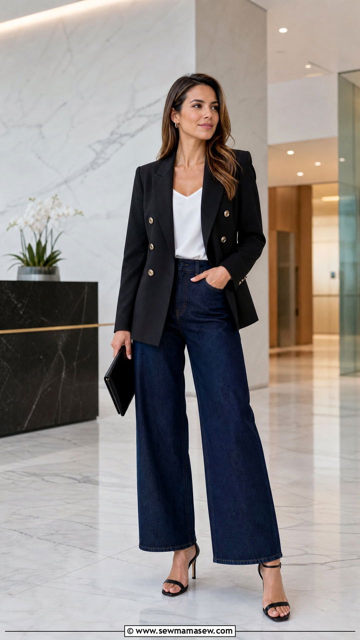 Wide Leg Jeans With Double Breasted Blazer and Heeled Sandals Work Look - 25 How to style wide leg jeans for work