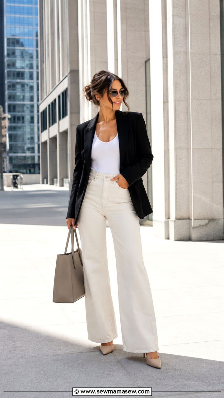 Wide Leg Jeans With Fitted Bodysuit And Blazer - 30 transitional petite outfit ideas
