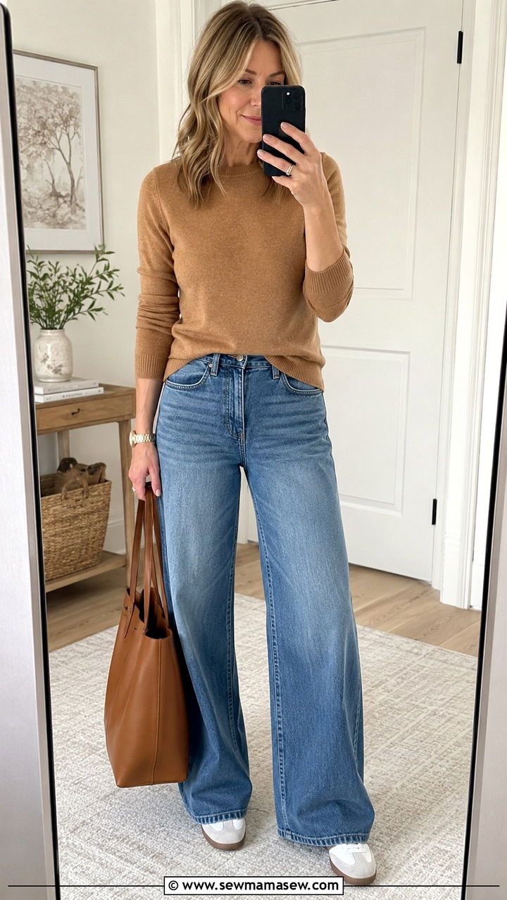 Wide Leg Jeans With Fitted Cashmere Sweater - 20 How to style wide leg jeans over 40