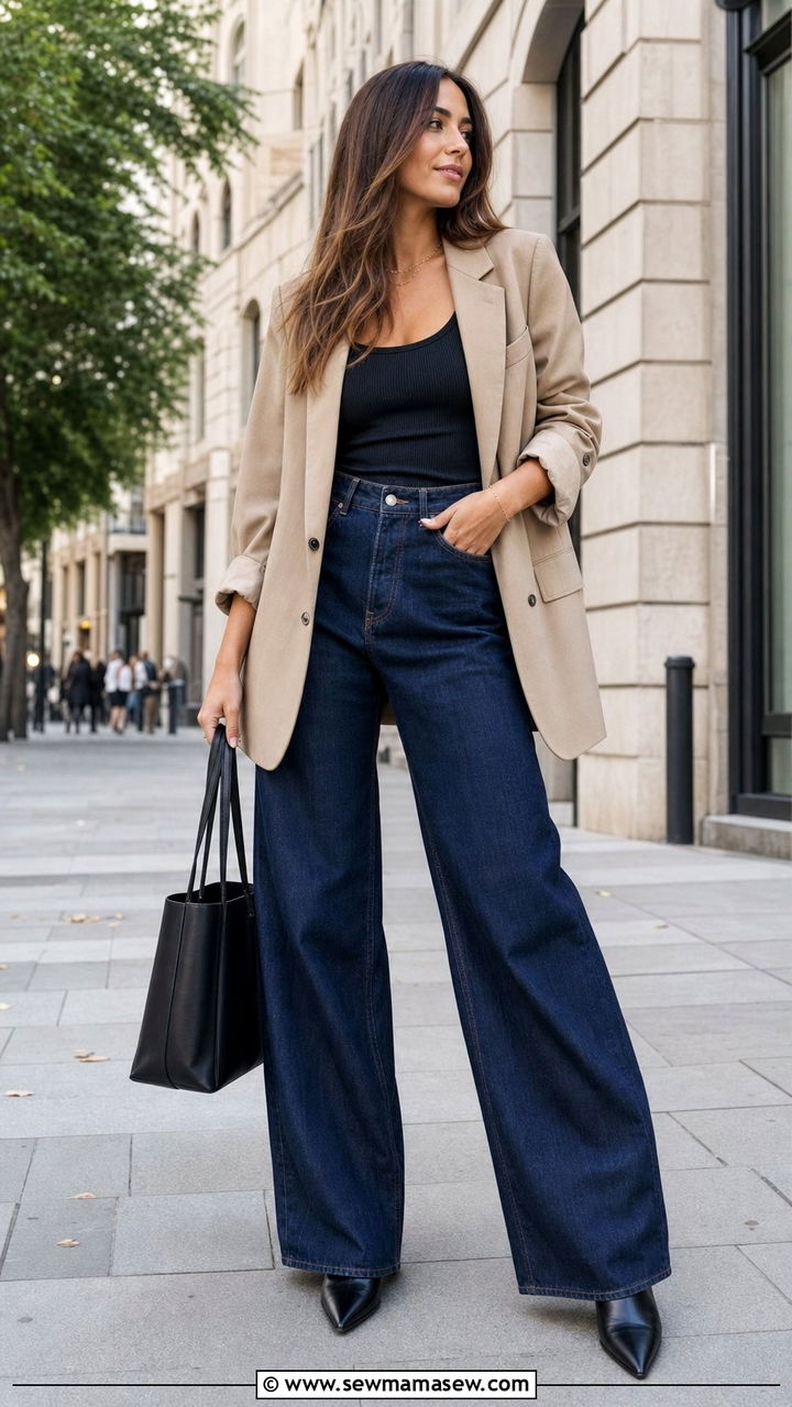 Wide Leg Jeans With Fitted Tank and Oversized Blazer - 25 Early April outfit ideas