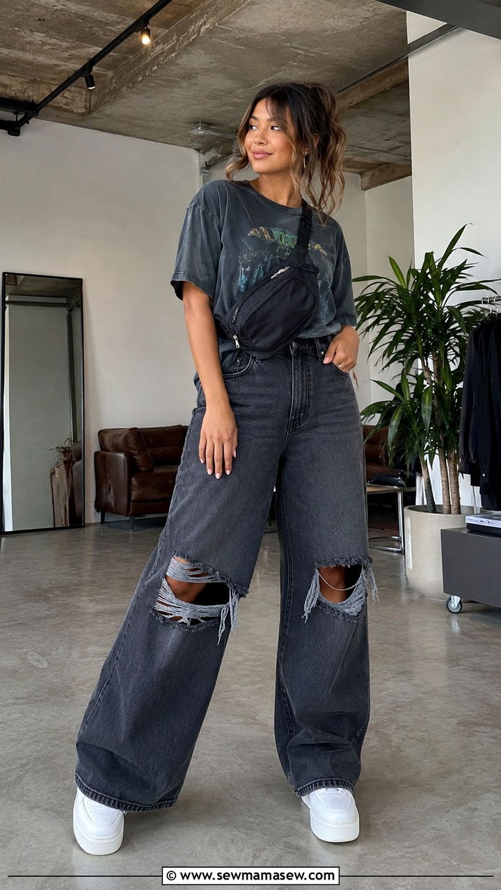 Wide Leg Jeans With Graphic Tee And Chunky Sneakers - 25 wide leg jeans outfits 2026