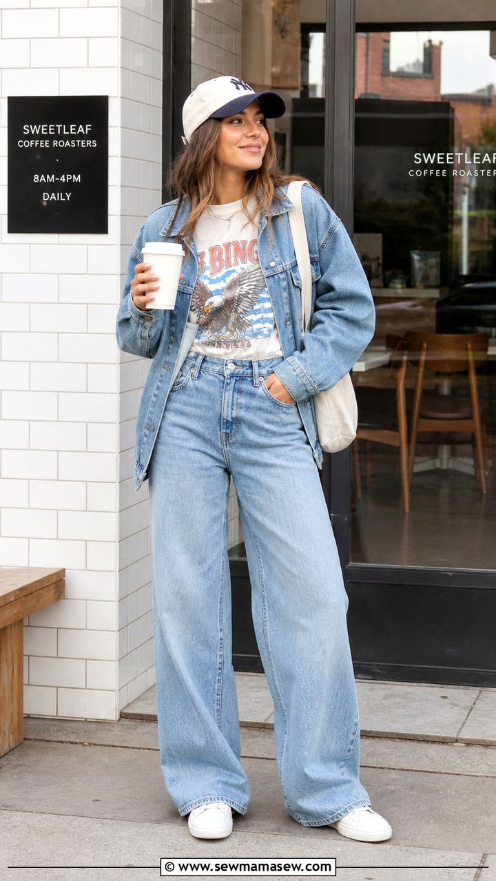 Wide Leg Jeans With Graphic Tee And Denim Jacket - 40 wide leg jeans outfit ideas